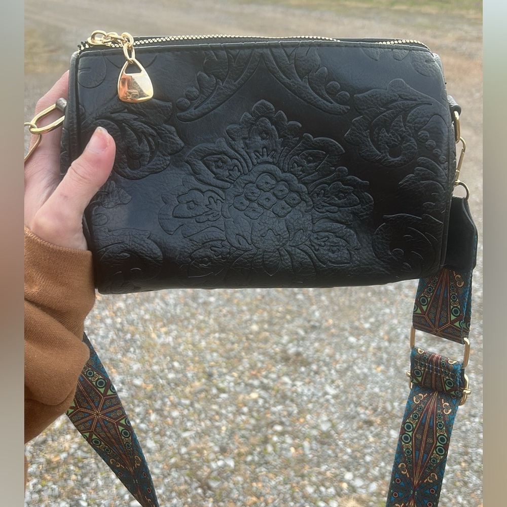 Elegant Black Embossed Crossbody Bag